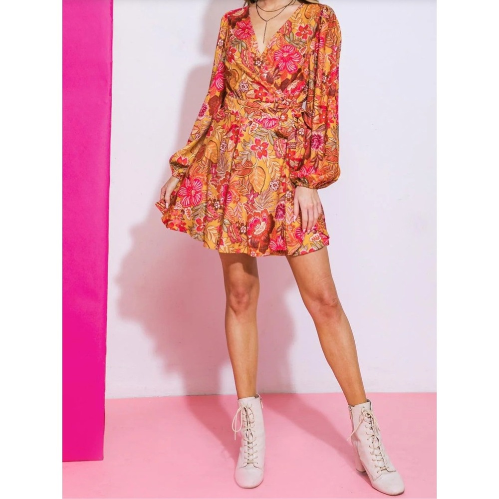 Flying Tomato Floral Wrap Mini Dress‎ Mustard Red Boho Long Balloon Sleeve